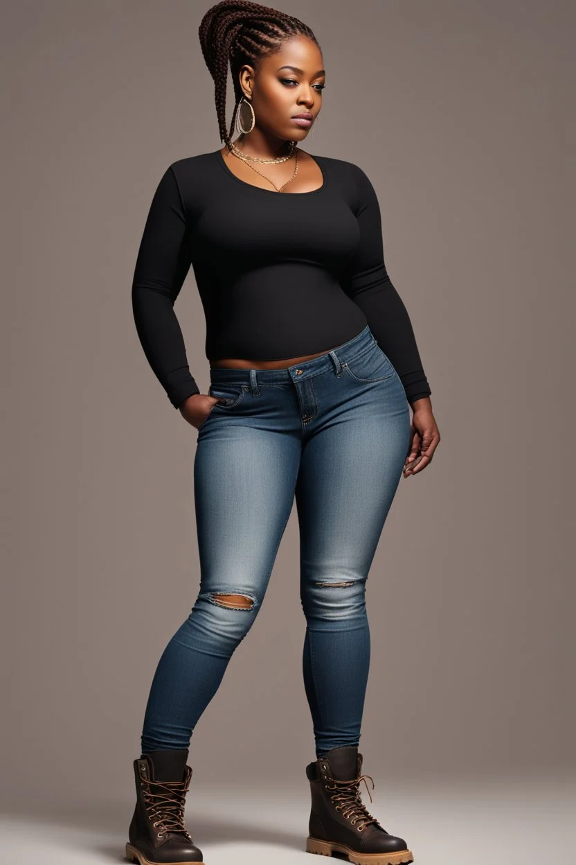 Create a digital image of a curvy black female wearing tight cut up jeans and a black tshirt with timberland boots. Prominent make up with hazel eyes. Highly detail two cornrows going down her head.
