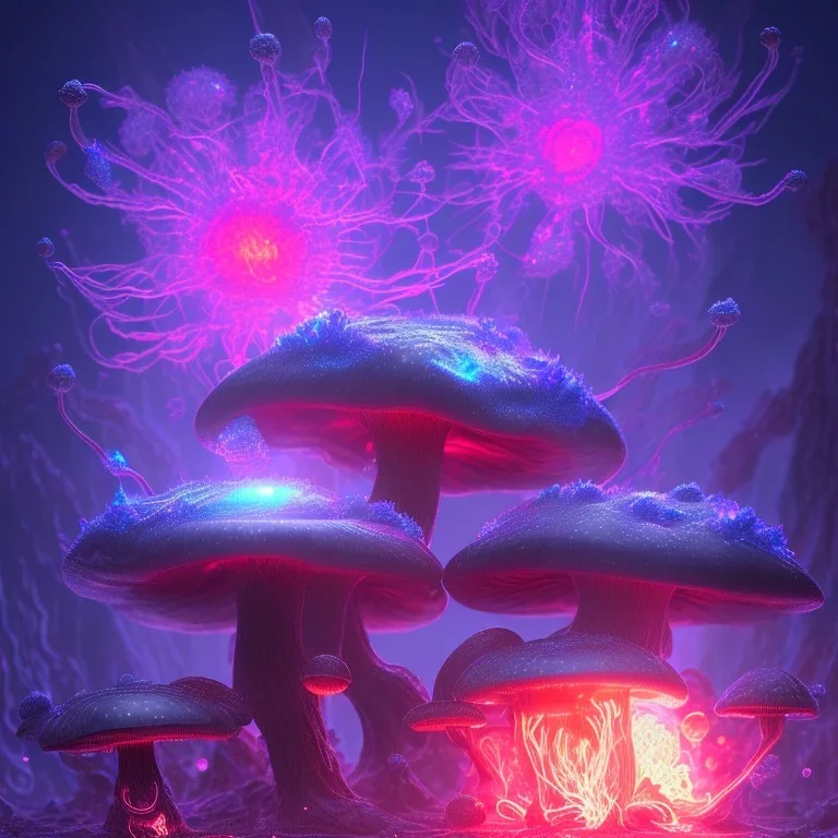 Spherical Frost metal magic armoured pink lightning Mycelium giant blob red MUSHROOM flower BURNING IN BLUE FLAMES hellfire abyss stars SPACE lANDSCAPE