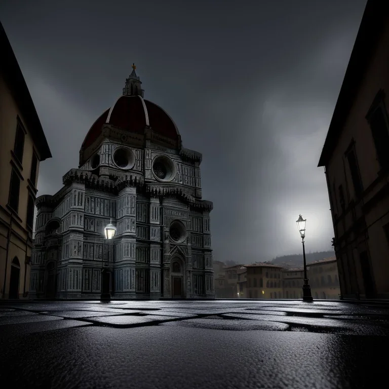 A very dark square in Florence in a stormy night. A cathedral dome in the background. Snow is covering the pavement. A black cat sitting under a streetlight. Unreal Engine. HDR. 8K.