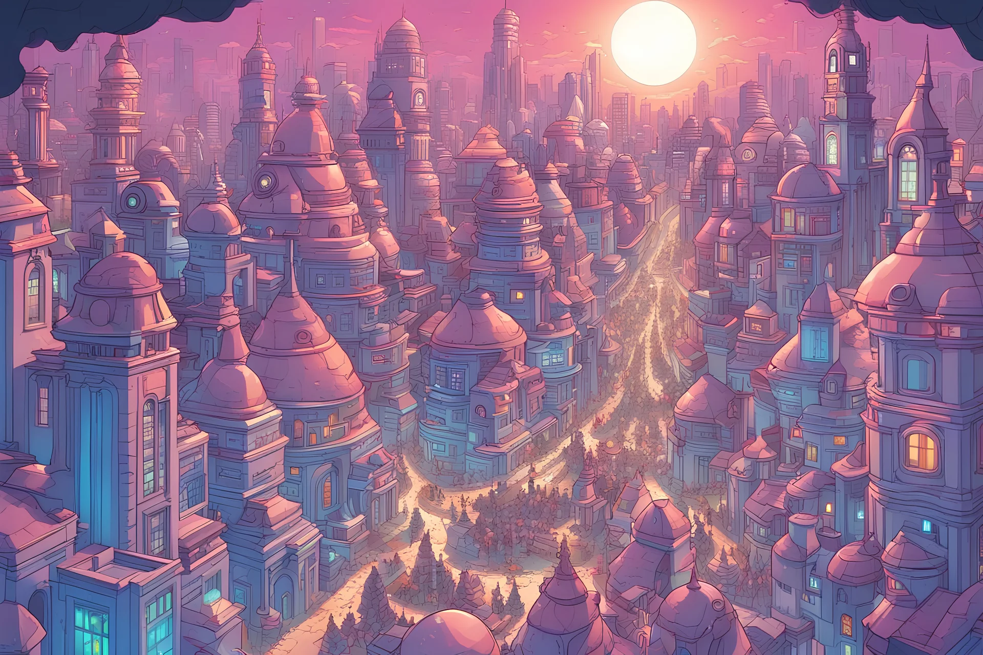 color background, a fairy-tale city of the future, on the city streets there are many different humanoids similar to people, all in the bright illumination of the city lights