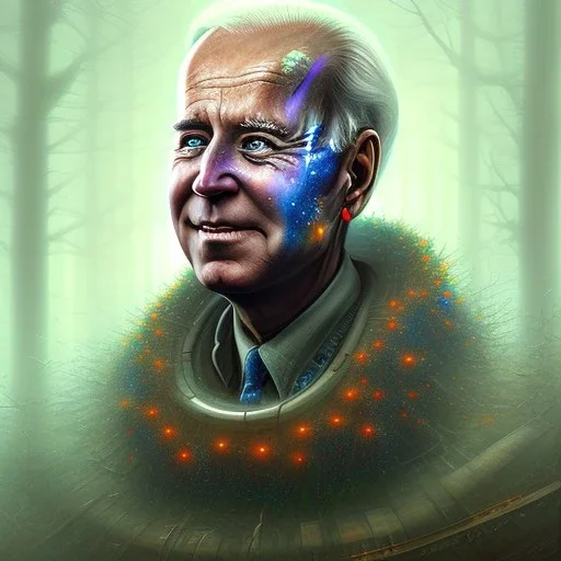 spray painting fantasy art, portrait biden looking crazy old in mummy sweater, standing in portal to wet forest world from city world,poetry book illustration