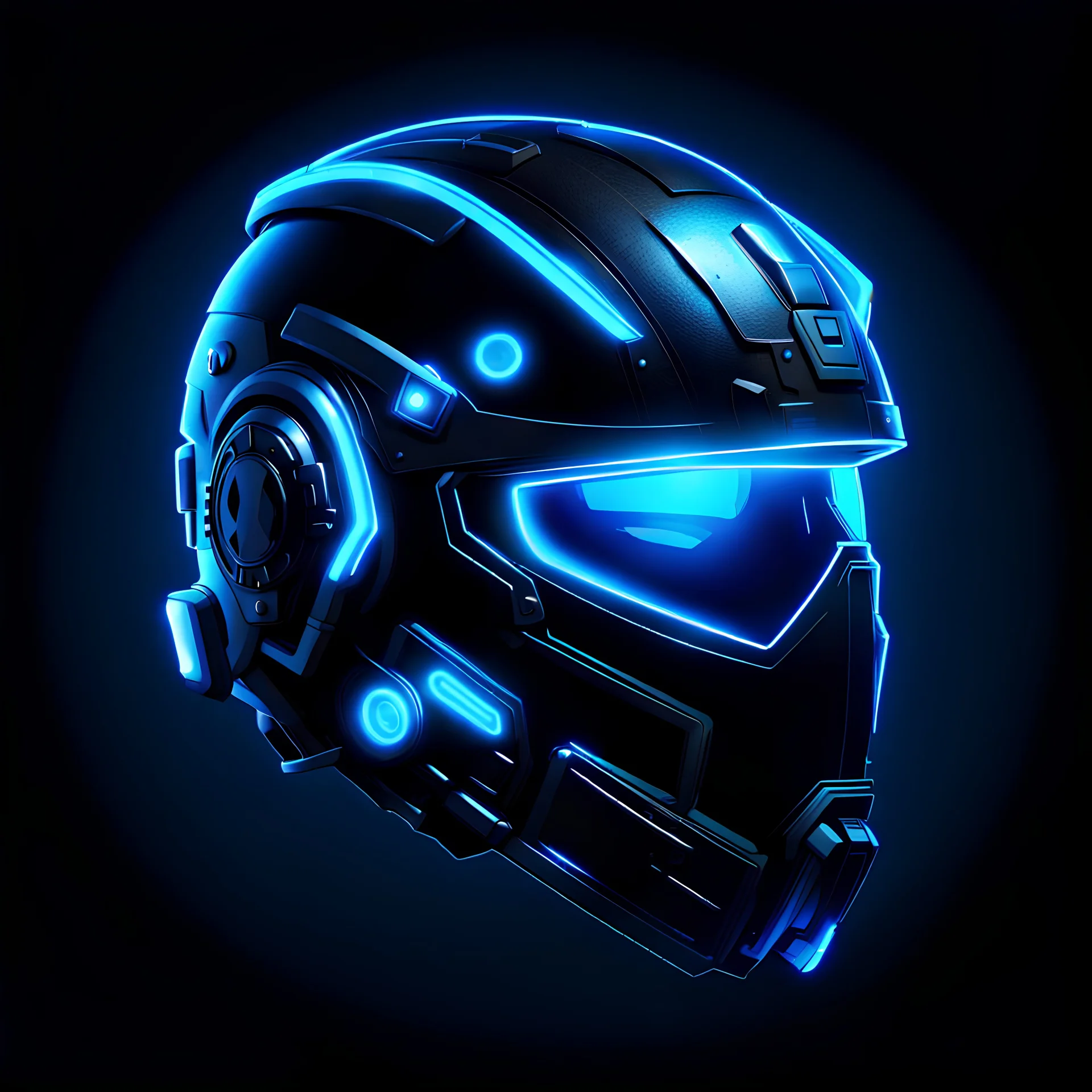 helmet, black background, blue lighting, cyberpunk style, video game icon