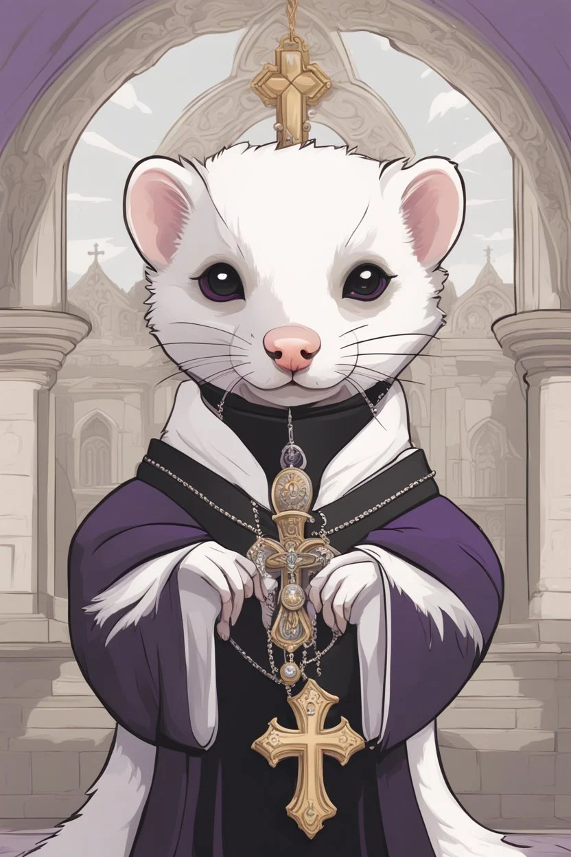 (anthropomorphic white ferret),dressed in ((cleric fantasy)) black clothes with silver holy ornaments, realistic anatomy, holy symbols around, serious face, hold holy cross symbol, tired face, in the style of LOISH, look at the vivewer, cute face, fantasy inspire, fantasy church on background with sunshine, gloomy atmosphere, high angle shot, purple armband, The holy icon style