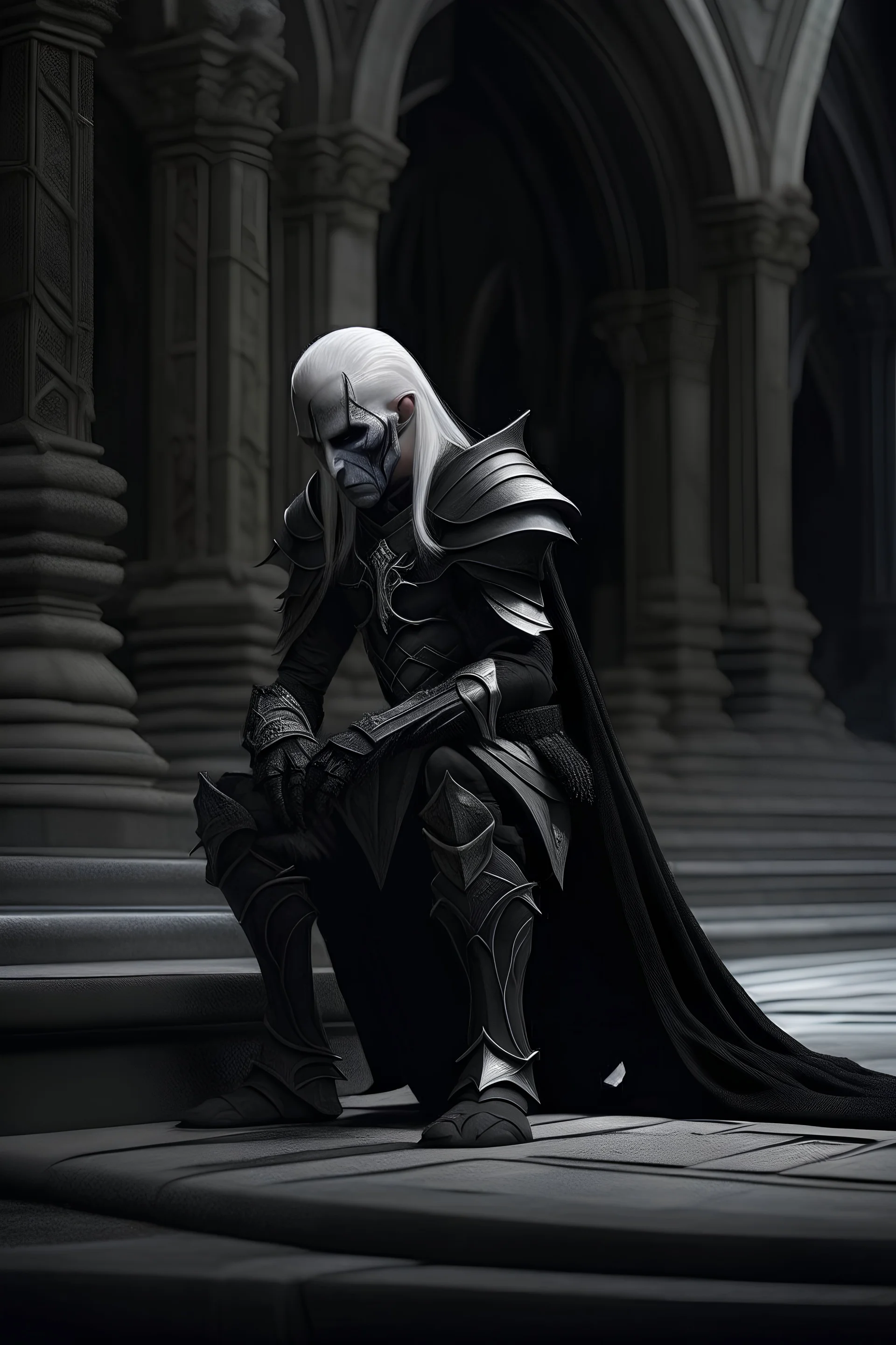 dark fantasy warrior in black armour, albino dark elf, kneeling on ground of ancient temple