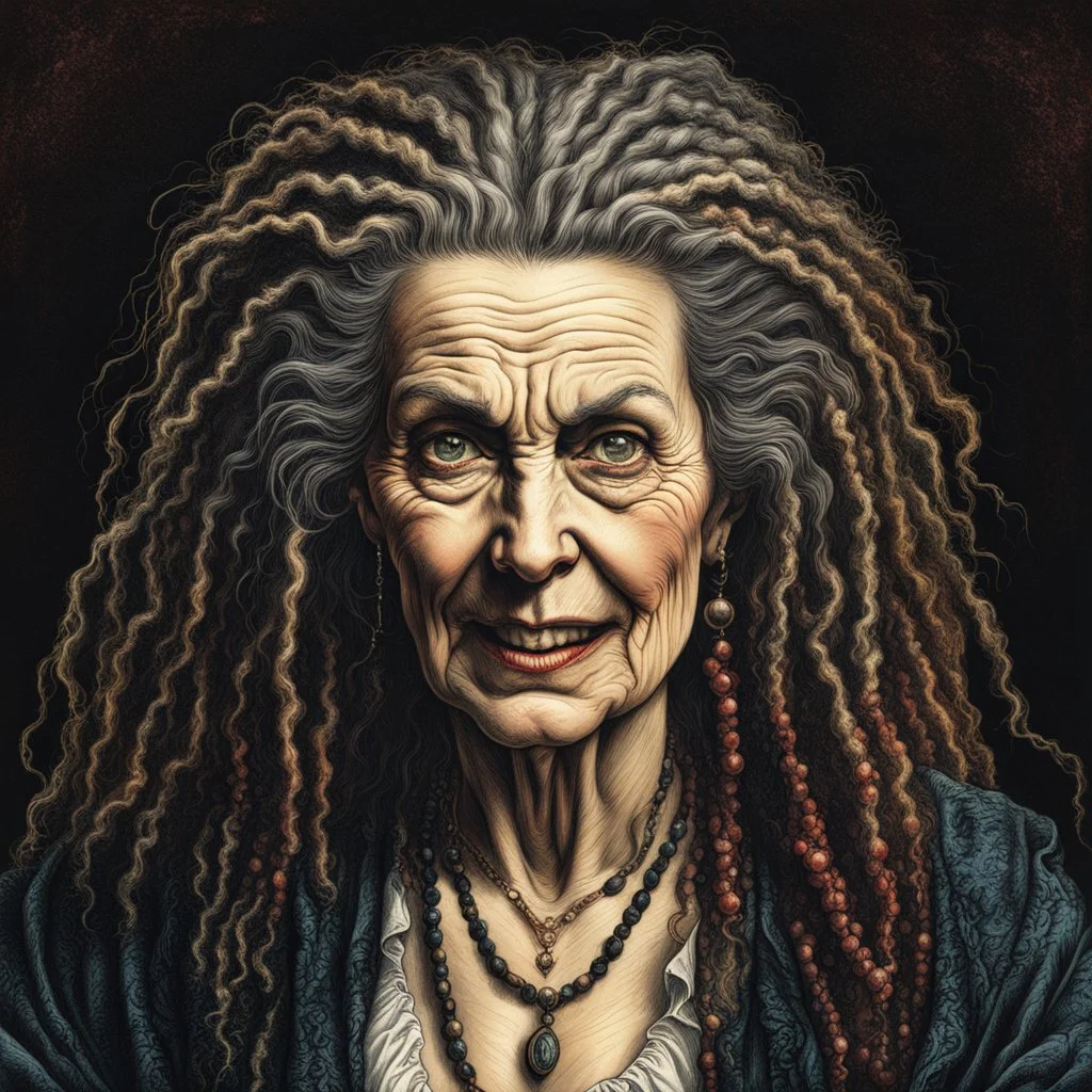 colored etching of an aged raggedly dressed, malevolent, predatory French female vampire , with highly detailed beaded dreadlock hair and facial features ,in the style of Rembrandt, Gian Lorenzo Bernini, Johannes Vermeer, and Ann Chernow, with a fine art aesthetic, highly detailed , realistic , 4k UHD cinegraphic quality