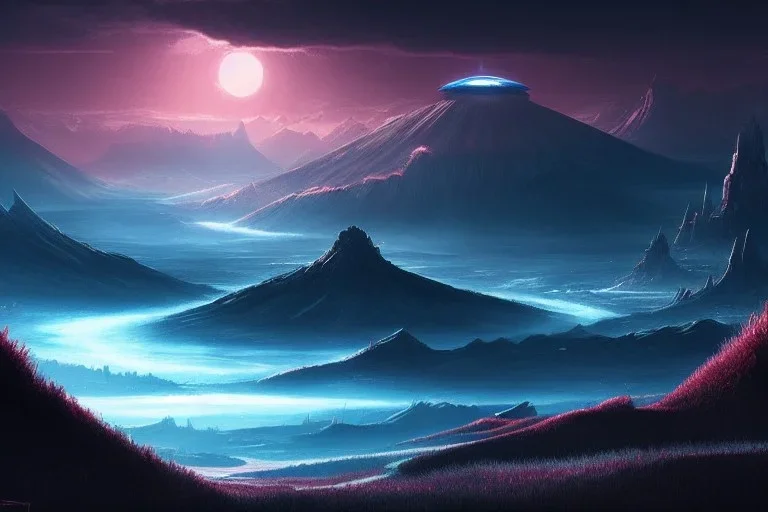 An image of an alien landscape with a distant city, art by Satoshi Nakamoto trending on artstation