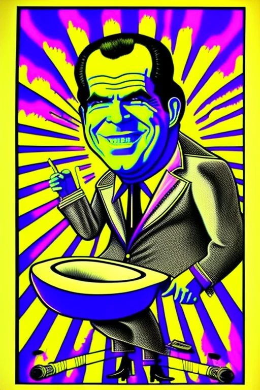 Richard Nixon Smile On The Toilet Original 1971 Black Light Vintage Poster, art style of Jeremy Worst, psychedelic, exaggerated realism, caricature drawing, 70s art, pop culture, high quality and highly detailed