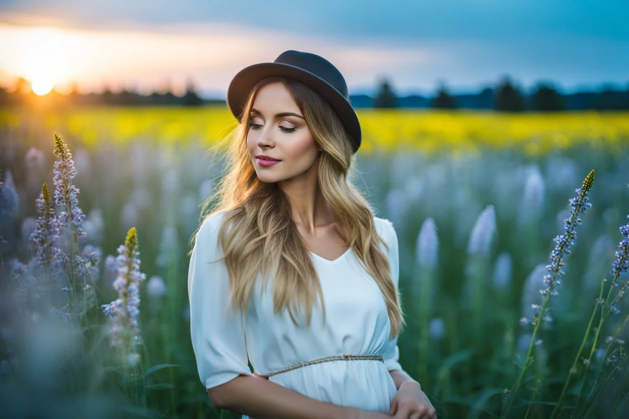 Young woman in flower field in the evening