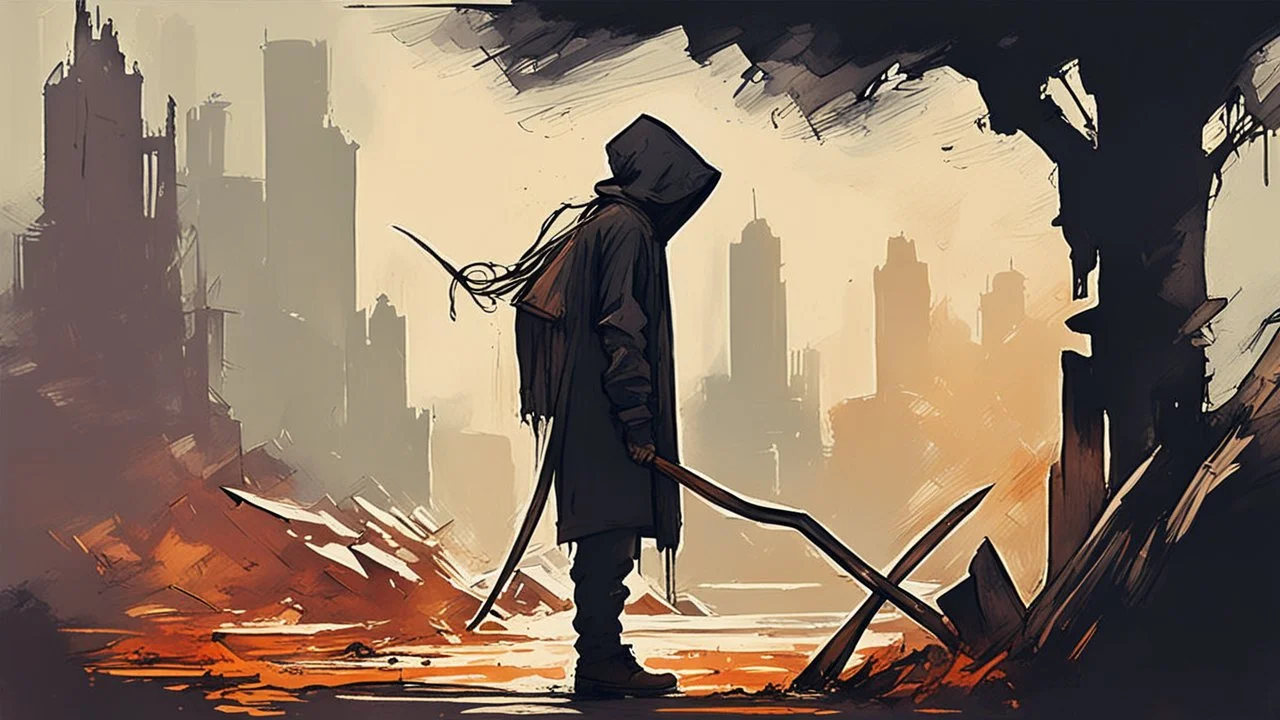 death in a hoodie and with a scythe talks to man on the remains of the world, a light watercolor sketch, by Leonid Afremov & Benedick Bana & Atelier Olschinsky & Ian McQue