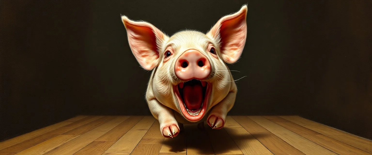 pin hole cam, master oil painting by Rembrandt, chocolate marzipan pig runs in panic in front of a big red mouth