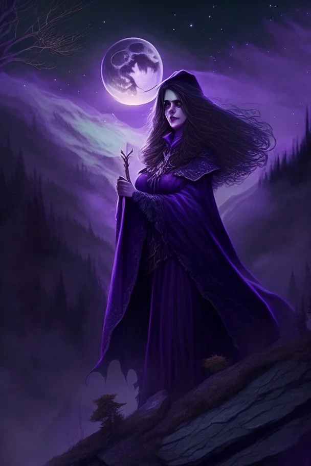 A beautiful witch, dressed in a dark purple cloak, with brown hair and hazel eyes, standing on a mountain peak with a forest behind her, under the full moon, wand out, casting a spell