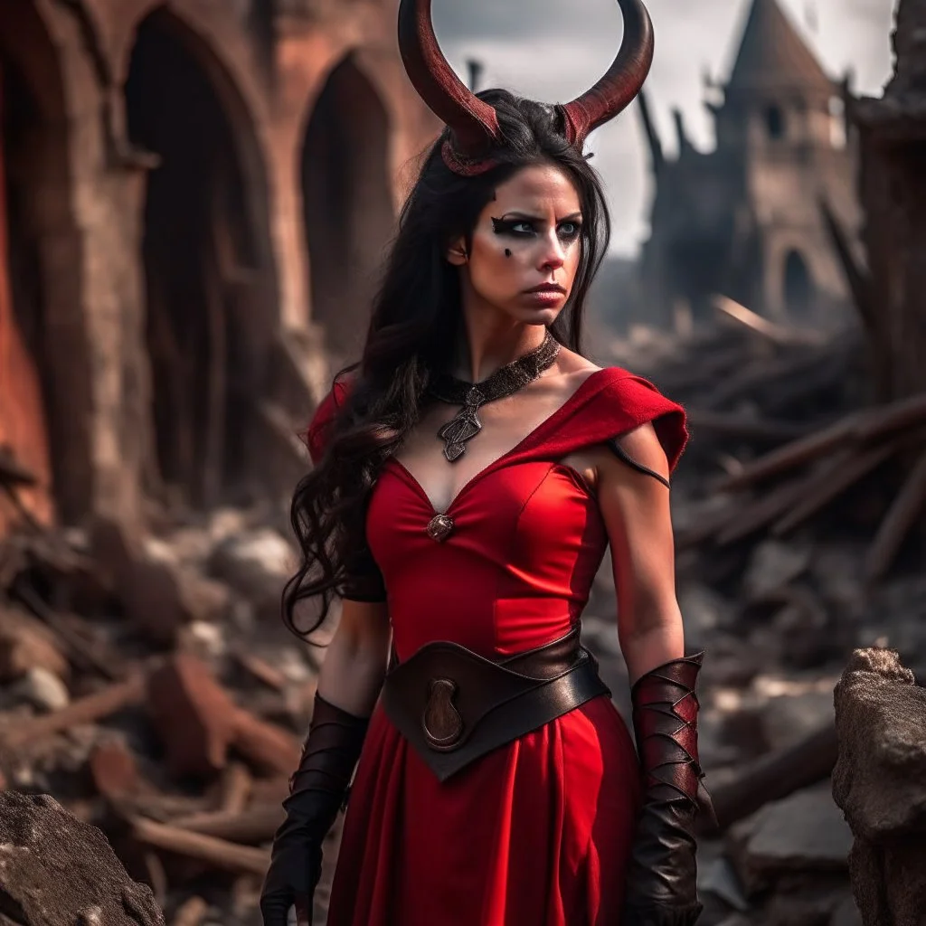 a beautiful tiefling woman with dark hair in a sleeveless battle outfit, amidst the ruins of a medieval town destroyed by war, photo quality, the whole scene in dark red colors