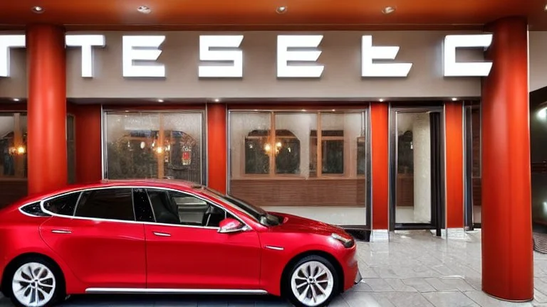 A Tesla's 'Model S Plaid' is parked, inside the 'Everland Resort', in South Korea. CINEMATIC. WIDE ANGLE LENS.