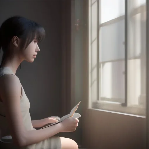 female student studying by the window, anime style, unreal engine 5, cinema4d, sun light, studio lighting --ar 1:1 --v 4