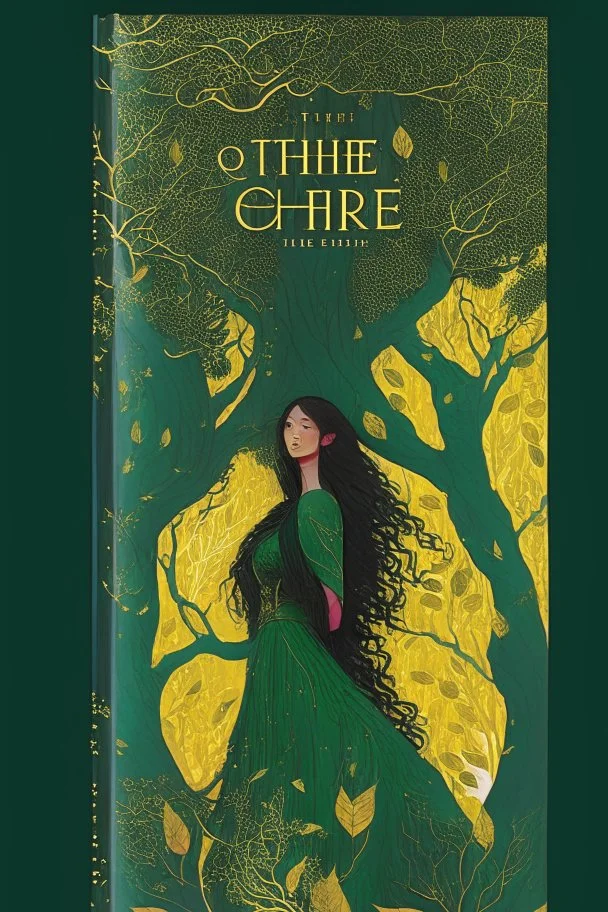 book cover, In the heart of a dense and enigmatic forest with towering ancient trees cloaked in emerald, yellow and amber foliage stands an ethereal beauty, her face is perfect, her lustrous hair cascading in ebony waves down to her slender waist she is slowly turning into a tree herself