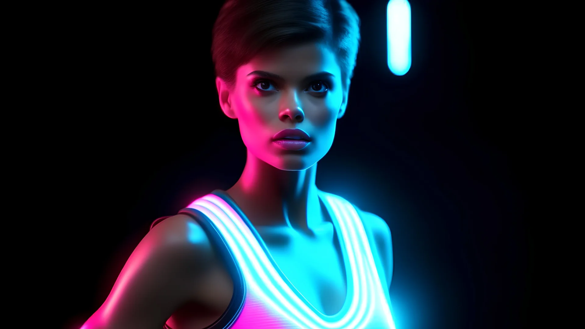 32k uhd, 1980s movie, film still, full body, beautiful muscular female ( mix sara sampaio rose namajunas ), glow in dark clothes, short hair, wide hips, slim waist, perfect face, by tron, 8k, high quality, photo realistic, sharp focus, (high detailed), perfect, rule of thirds, beautiful, refined, film still, athletic, fit and toned, ((muscular femininity)), strength, individuality, and grace.