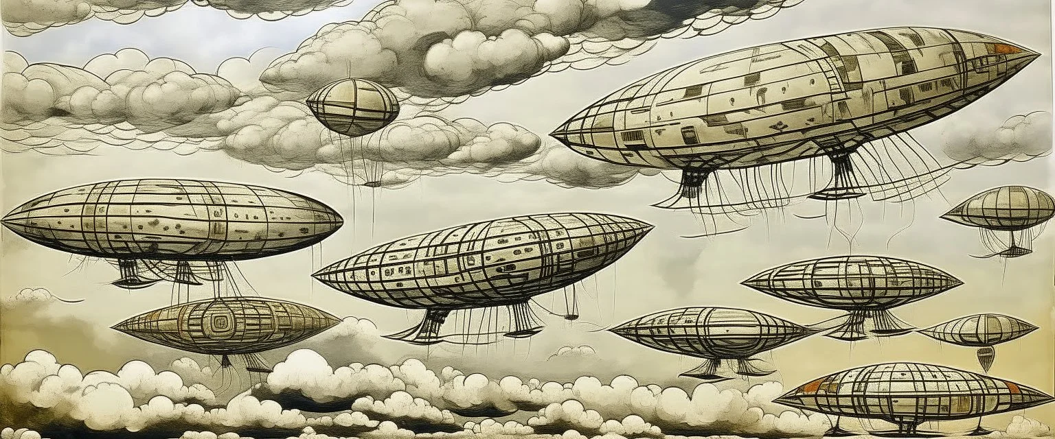 A white cloudy sky with airships designed in native American petroglyphs painted by Andy Warhol