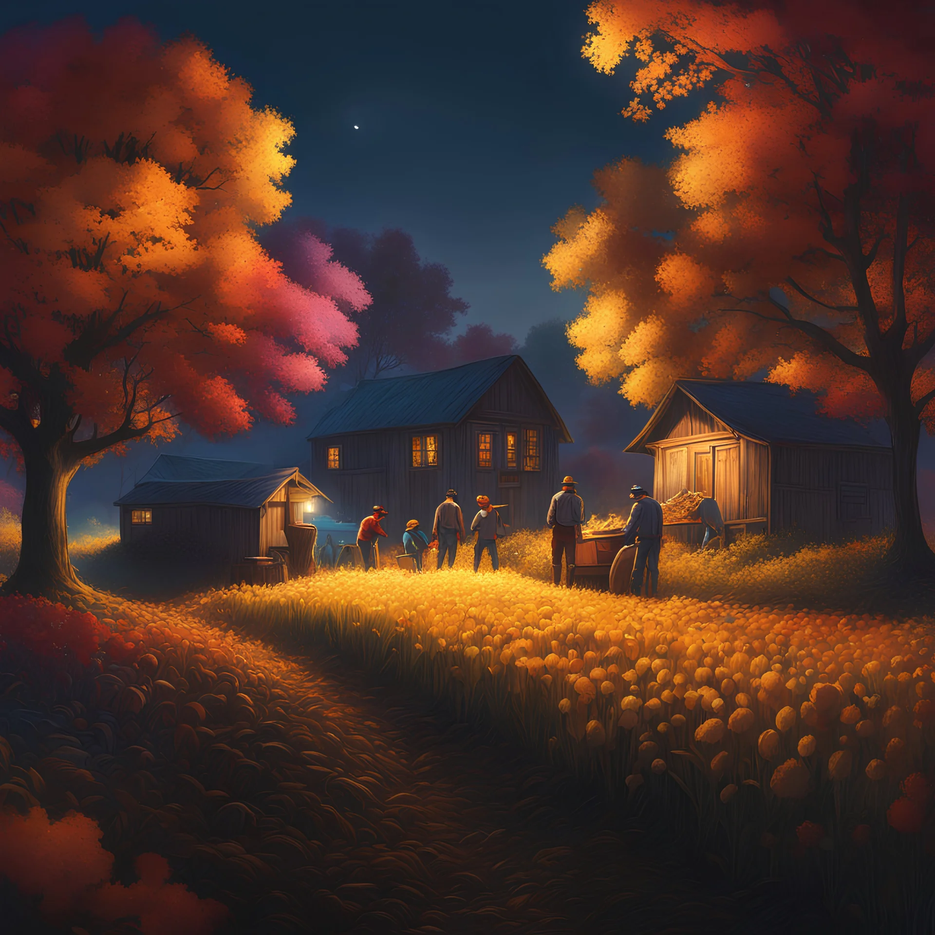 Family of farmer working in autumn,abbundance ,colorful8k resolution concept art, Greg Rutkowski,SIXMOREVODKA, pastel color, Nighttime Lighting, digital illustration, 4K, Hyperdetailed, Intricate Details, 3D shading, Art of Illusion