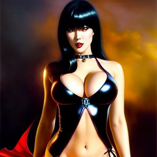 fullbody portrait 'beautiful sexy busty mature Vampirella',wearing black skintight latex suit,hyperrealistic skin,Hyperrealistic Big eyes,painting by gaston bussiere, greg rutkowski, yoji shinkawa, yoshitaka amano, tsutomu nihei, donato giancola, tim hildebrandt, oil on canvas, cinematic composition,sharp image, extreme detail,((fit full head inside picture)),32k