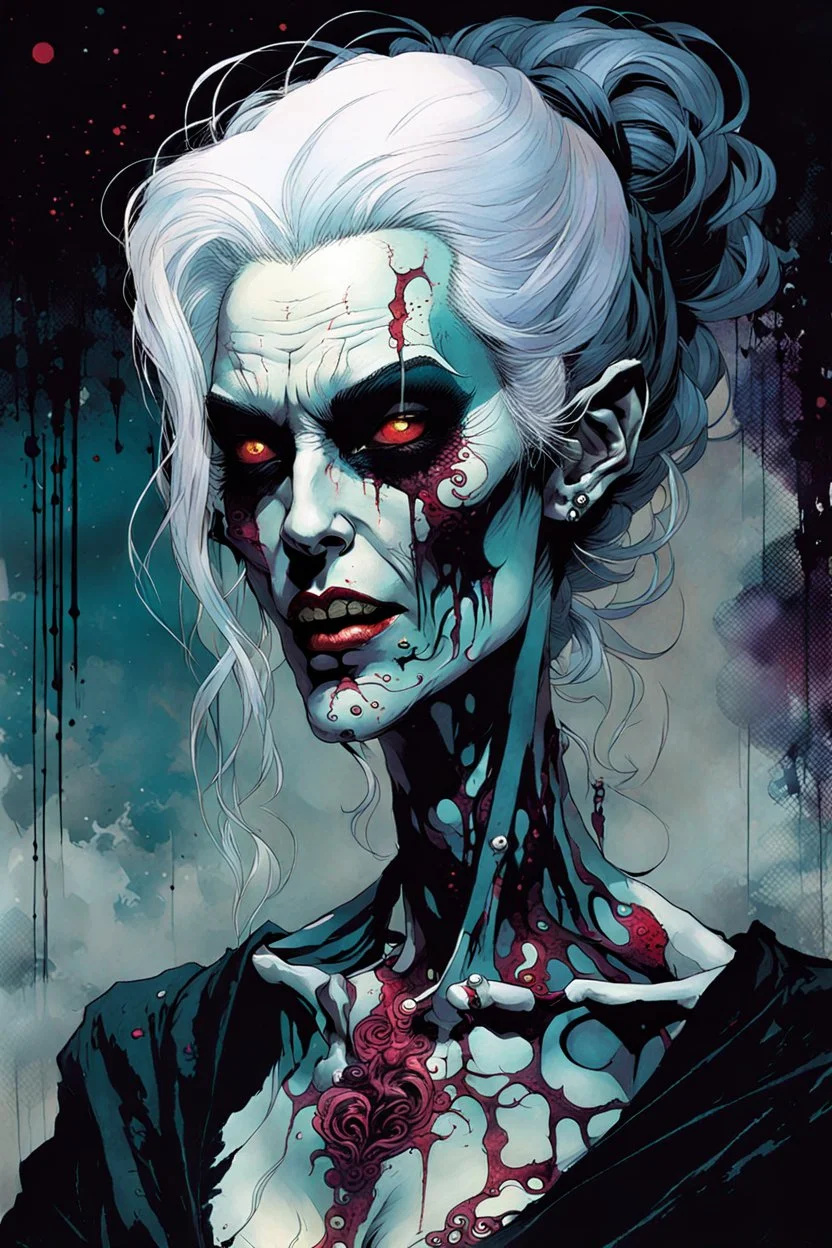 create a fine art print illustration of an aged, emaciated, and seductive, Semnoni female vampire seeress, clothed in an ornate but ragged bliaud with highly detailed feminine facial features, bathed in a dread, pale light , shrouded in a fetid mist at midnight , in the comic book art style of Bill Sienkiewicz, and Jean Giraud Moebius, finely textured, drawn, colored, and inked