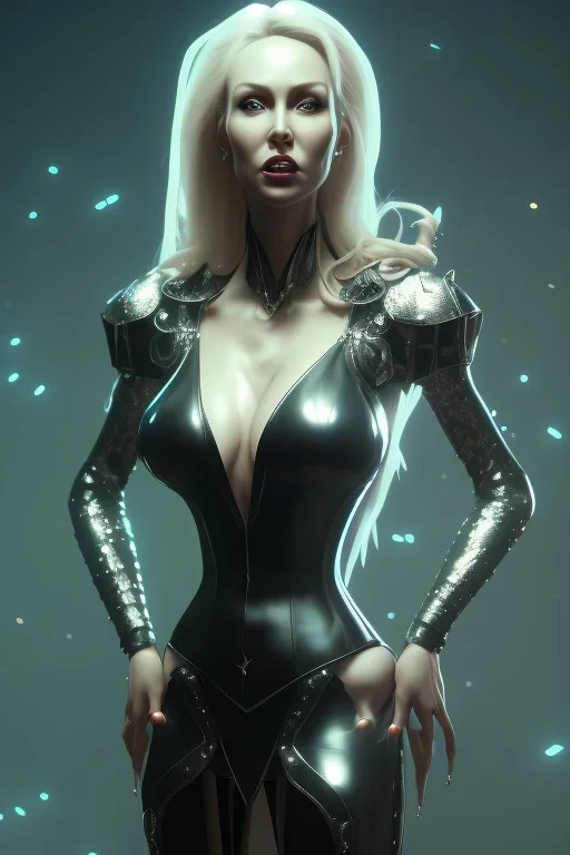 Brandi Love in black leather gown, evil, busty, cleavage, curvy, angry, happy, stern look. character design by cory loftis, fenghua zhong, ryohei hase, ismail inceoglu and ruan jia. unreal engine 5, artistic lighting, highly detailed, photorealistic, fantasy