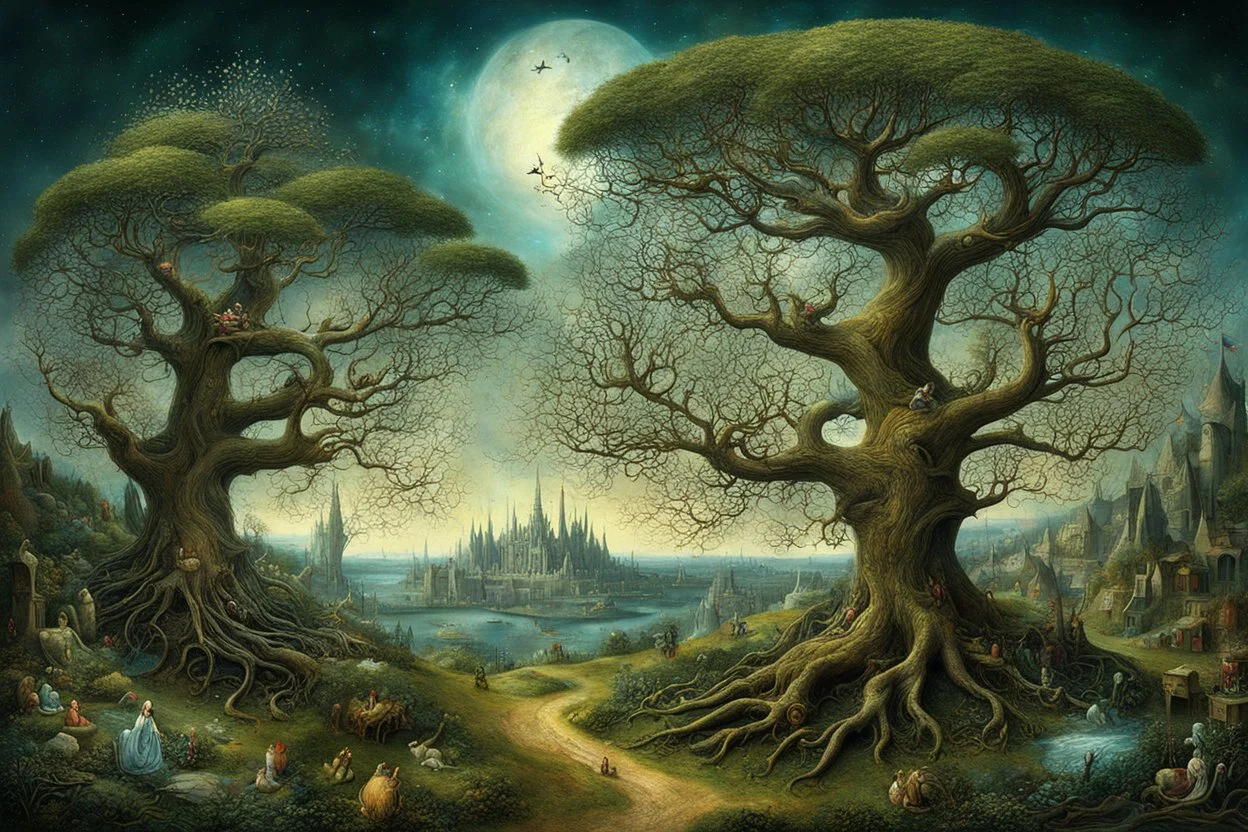 magical fantasy trees, very detailed, amazing quality, etheral, intricate, cinematic light, highly detailed, beautiful by Hieronymus Bosch, 3D , surreal, creepy stunning