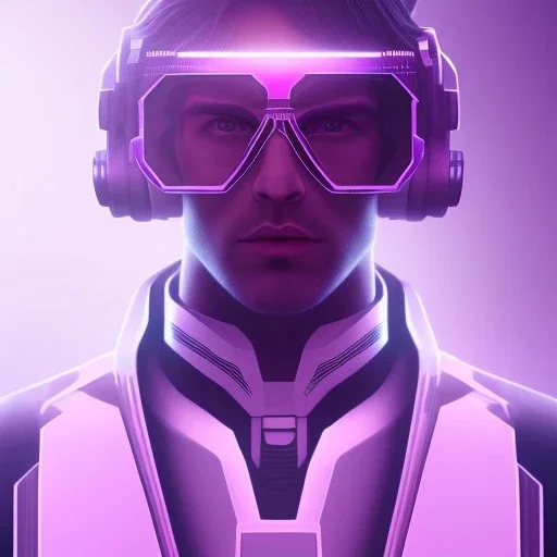 Cute boy face eyeglasses , Sci-fi character, purple backlight, pink and purple, scifi suit, profile, purple background, pink lighting