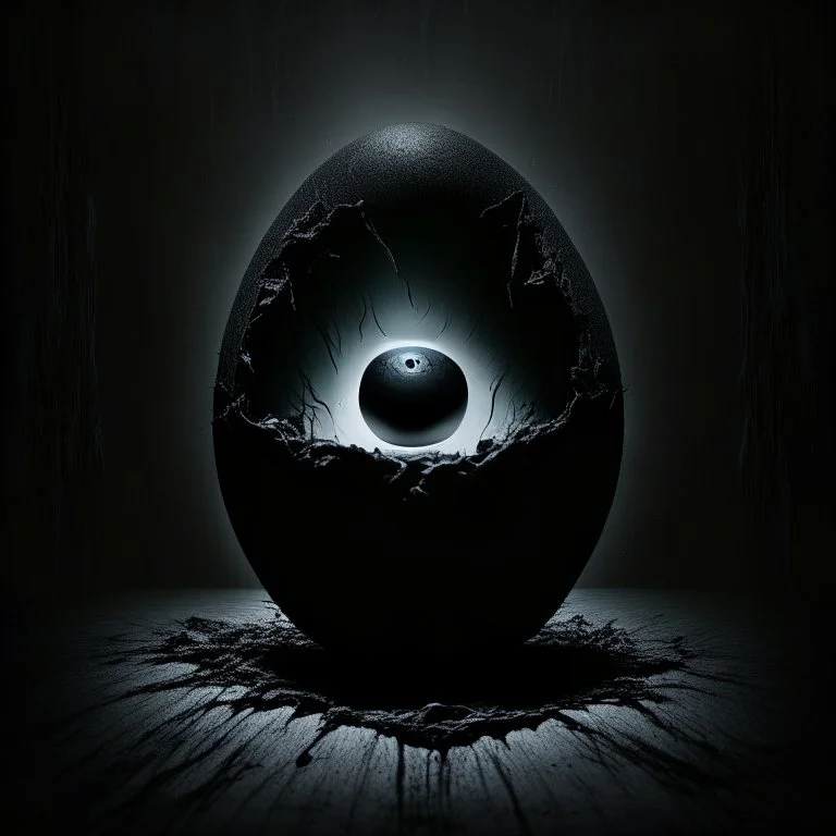 paranoid deep-seated fear of being watched, sinister midnight eulogies , black levitating egg cracking with dark energy, levitation, complex contrast, dynamic composition, unsettling