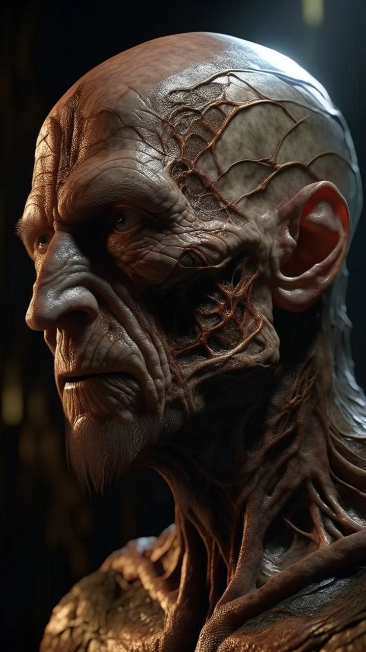 Busch painting style nightmare, a zoomed side view of a man his head is a broken metallic skin texture in a 3d rendering full-height image of a grim and dark scene. Ensure the final images exhibit the utmost quality, encompassing 4K, 8K, and 64K resolutions, with 3D rendering that manifests in photorealistic, hyperrealistic, and highly detailed representations. Employ techniques such as HDR, UHD,