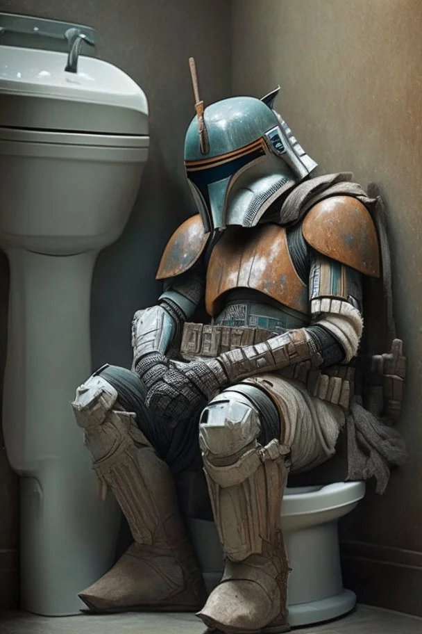 The Mandalorian sitting on a toilet