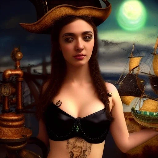 hyper realistic, young small cute girl, short black air, green eyes, with owl tatoo, dressed a steampunk pirate, bra with carved leather, Tintoretto ships in background. salvador dalì style. high details, meteor shower. 4k, unreal engine