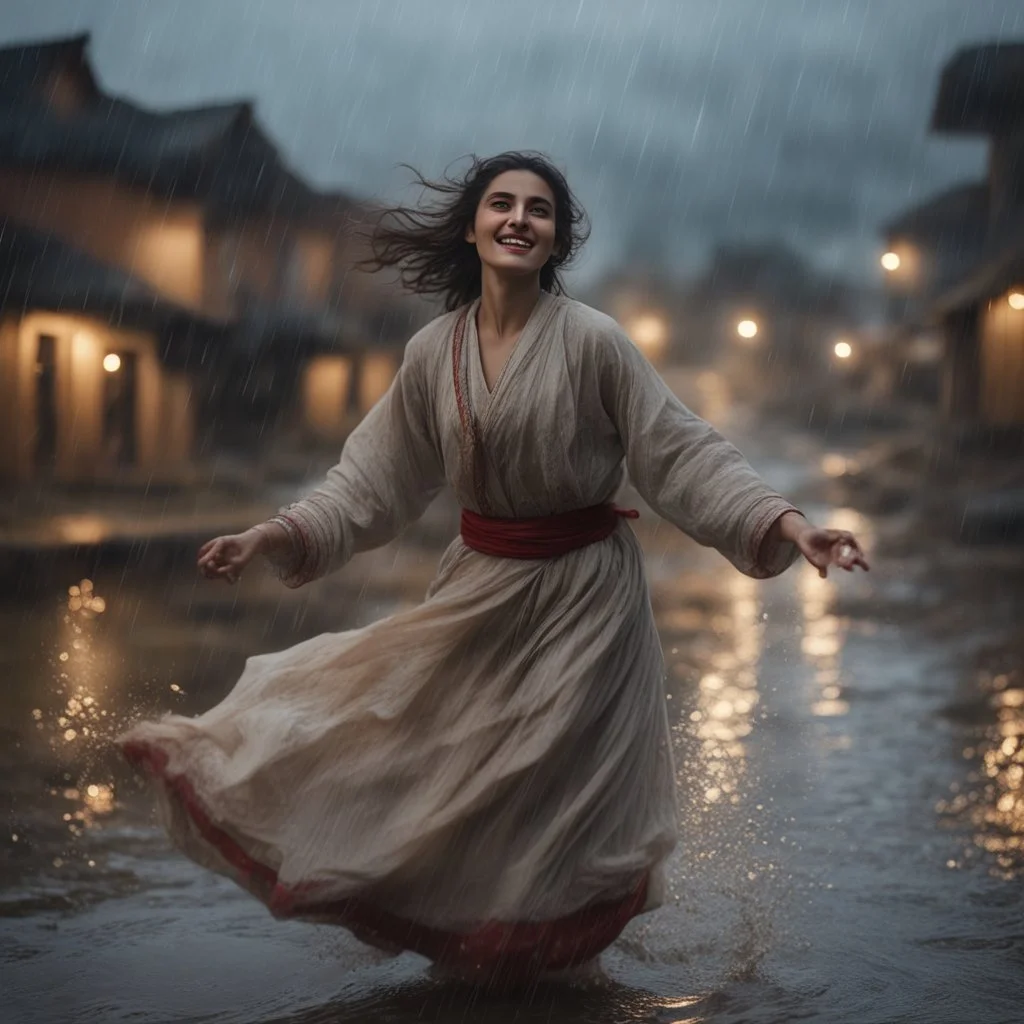 Hyper Realistic close-up-view of Beautiful-Happy-Pashto-Woman whirling across the streets of her village riverside at heavy-rainy-night with dramatic-&-cinematic-ambiance