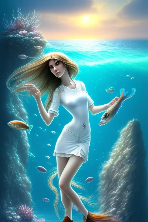 long hair fish lady with white top set on the rock in the ocean