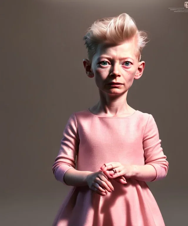 Tilda swinton toddler, full body, shoe, dress, soft skin, dramatic lighting, hyper realistic