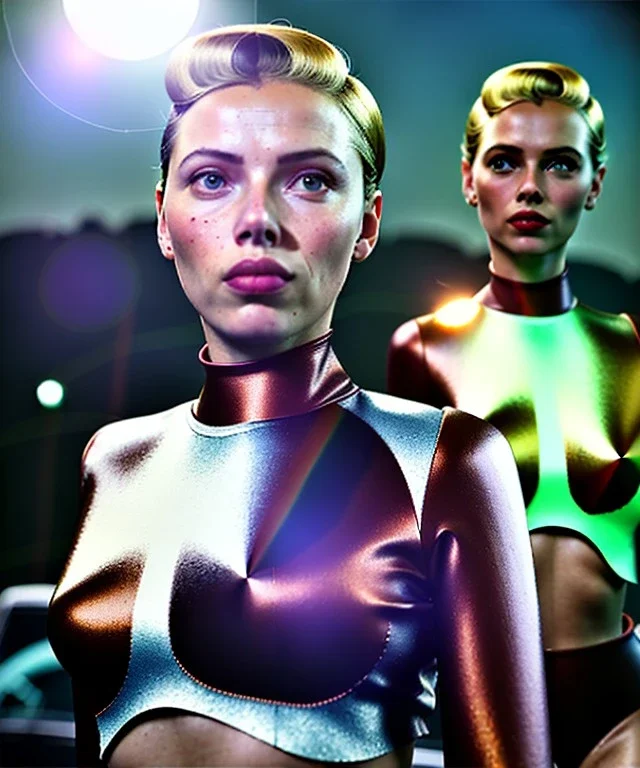 Ultra Realistic retro sci-fi movie Supermarket parking people scene, 1960 year, waist up view portrait, 2 clones blonde women, sweet scarlet Johansson face, perfect iris, glow eyes, face makeup, tight latex coat. many people looking, Retro sci-fi style, soft color, highly detailed, unreal engine 5, ray tracing, RTX, lumen lighting, ultra detail, volumetric lighting, 3d, finely drawn, high definition, high resolution.