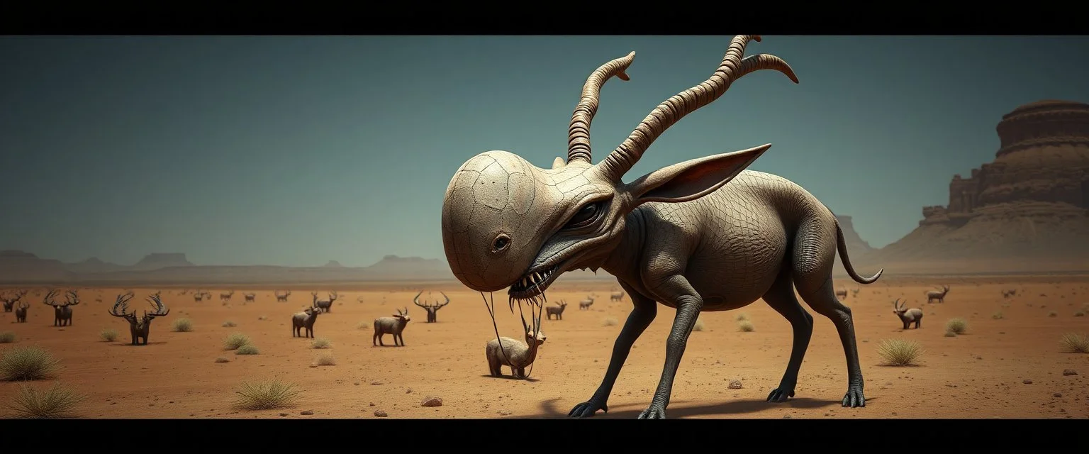 Gremlin orc rex Saiga Antelope Huge inflatable-looking nose. Alien desert creature energy.