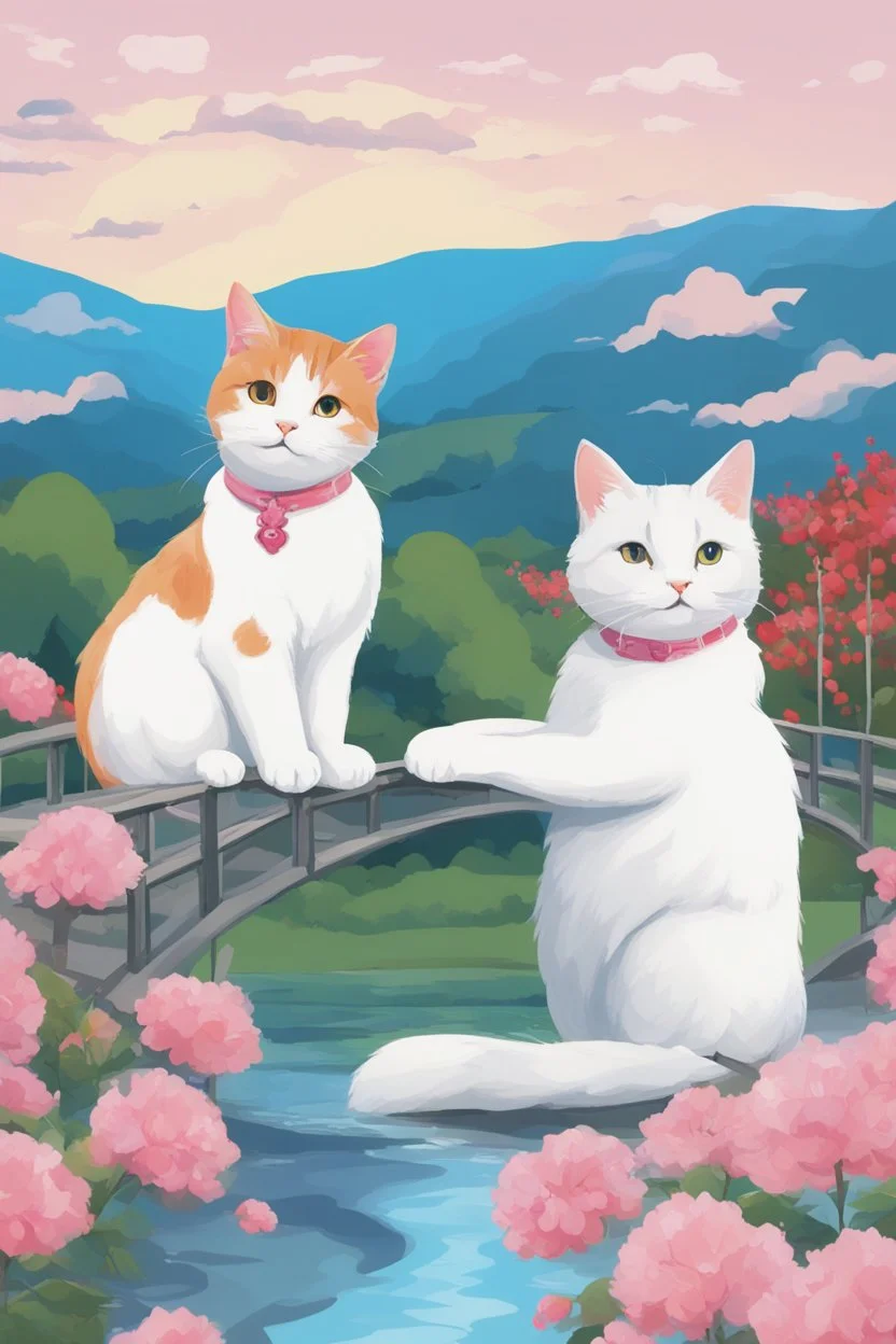 in the center: beautiful chunky cats dancing on a bridge , background: landscape, first plan: pink flowers and a small river with blue water, sky: red clouds