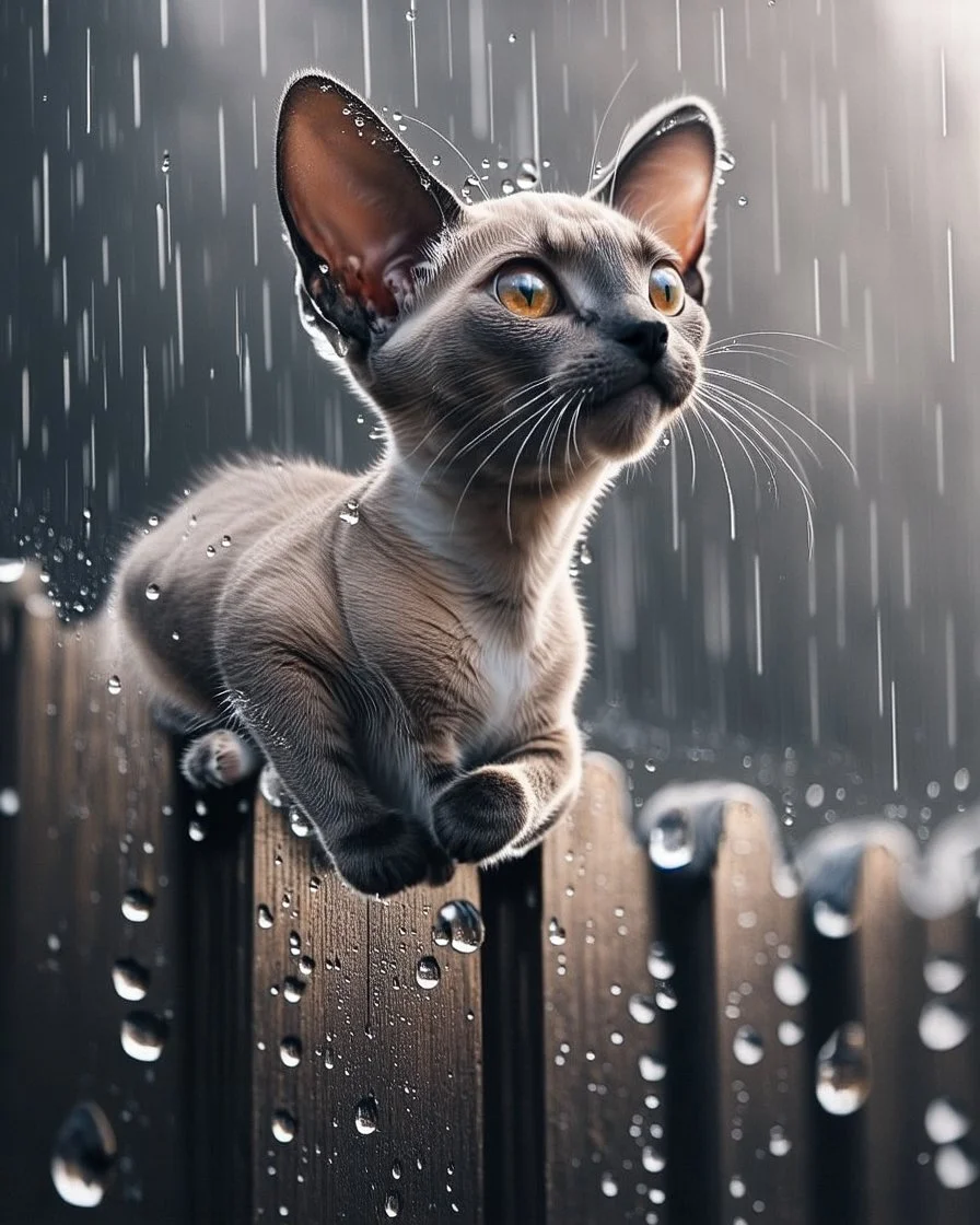 Baby Oriental shorthair Siamese cat perches precariously on the slick, glistening rainy fence, each individual raindrop pitter-pattering around it like a delicate symphony. Its fur, glistens under the sparse light that filters through the thick, grey clouds, droplets clinging to its soft coat like tiny jewels. The animal tilts its head upward, its big, expressive amber eyes wide with curiosity, seemingly mesmerized by an unseen spectacle just beyond the frame.