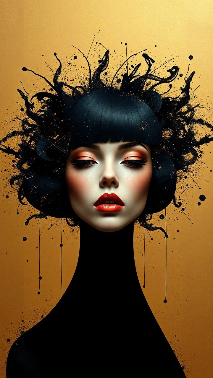 minimalism,Abstract black and gold minimalism geometric surreal beautiful fashion portrait,splash art explosion,minimalist surreal surrounding background,surreal lonely depth,deep soul spirit,fantasy surreal geometry,flat,utopia,album art,cover art,album cover,cinematic,8k,epic movie still,sharp focus,by Gustav Klimt,pascal blanche,rutkowski,repin,artstation hyperrealism painting concept art of detailed character,design matte painting,leaf