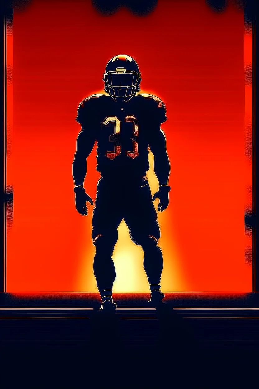 Silhouette of a football linebacker, the background on the left is red at the top and fading to black at the bottom, the background on the right is orange at the top and fading to dark navy blue at the bottom, background also has stadium lighting and the receding yard lines of a football field