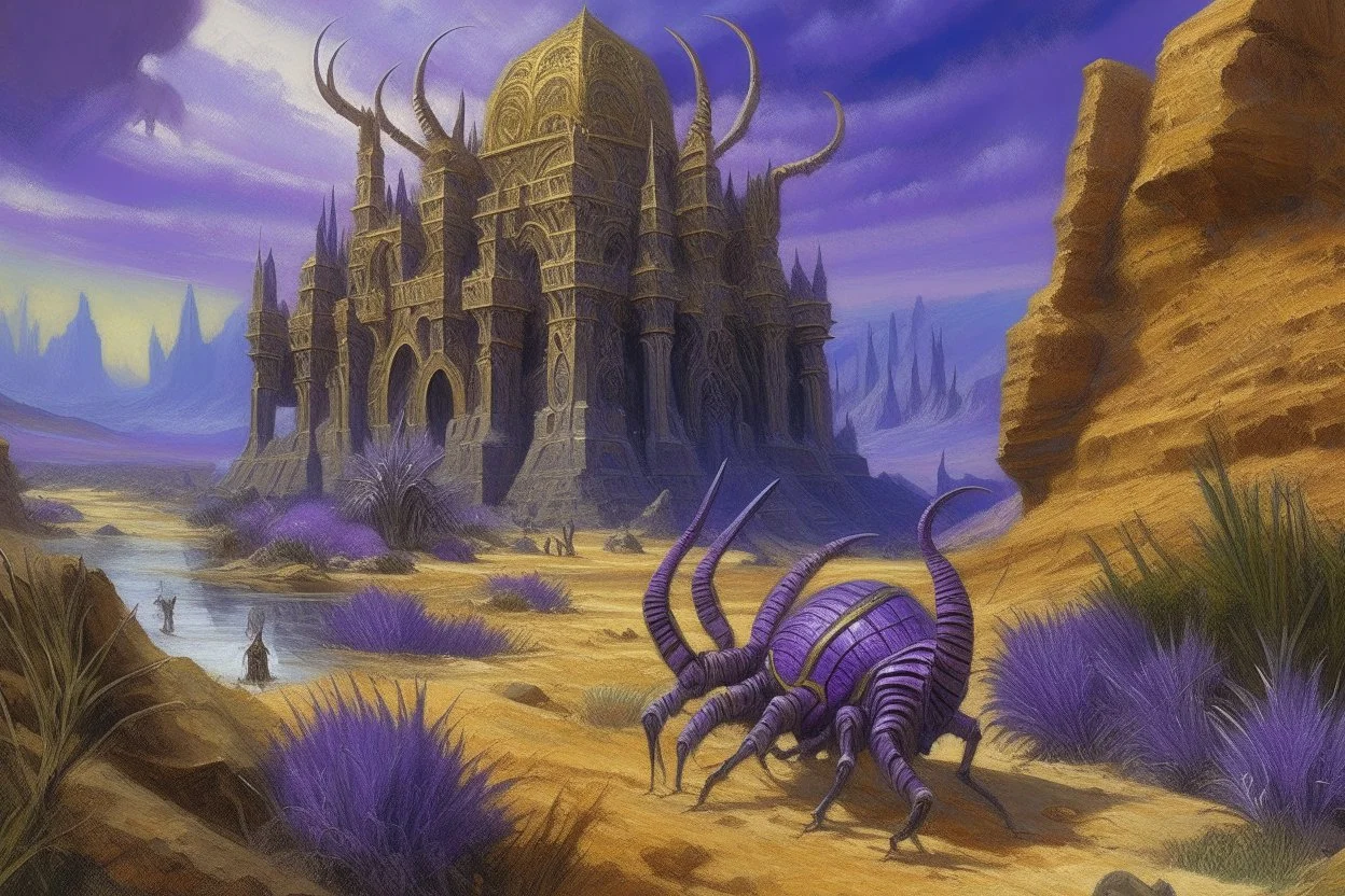 A purple Egyptian kingdom with a scorpion palace painted by Claude Monet