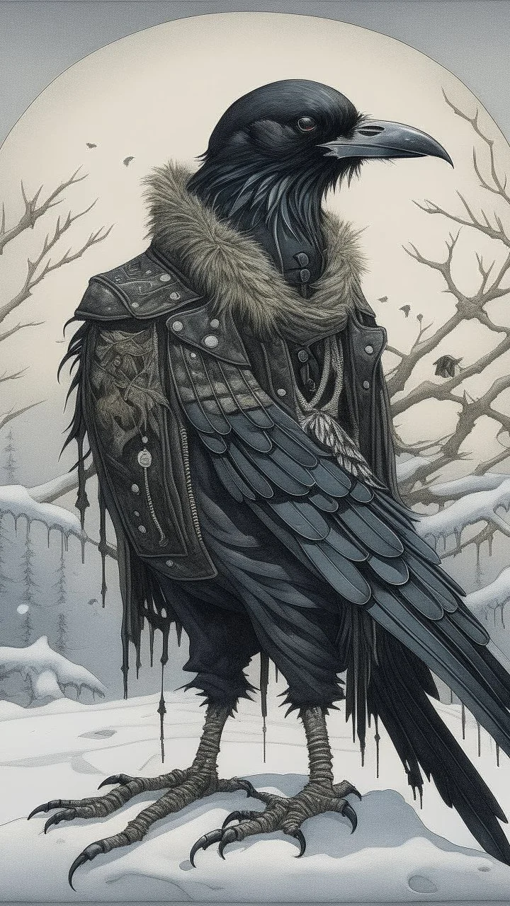 An illustration by Jakuchu and Monet of a human-like raven adorned in a punk leather jacket within a snowy atmosphere.