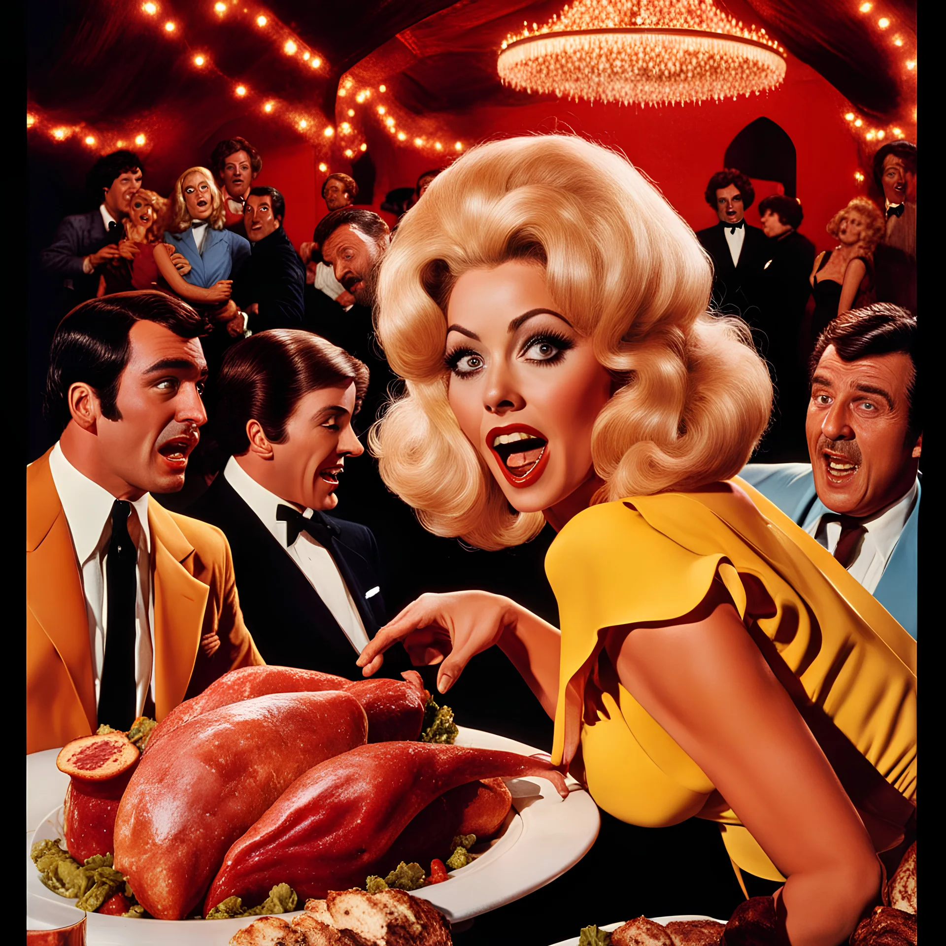 Comic movie shot, spooky, hot, ultra realistic, dine, horns, ultra realistic hot blonde women, year-end party, pieces of meat, organs, hot, ail, dynamic, hot, very excited people, hypermaximalist figures, light, 1970's Italian comedy movie, Stanley Kubrik, ornate, 4k, photorealism