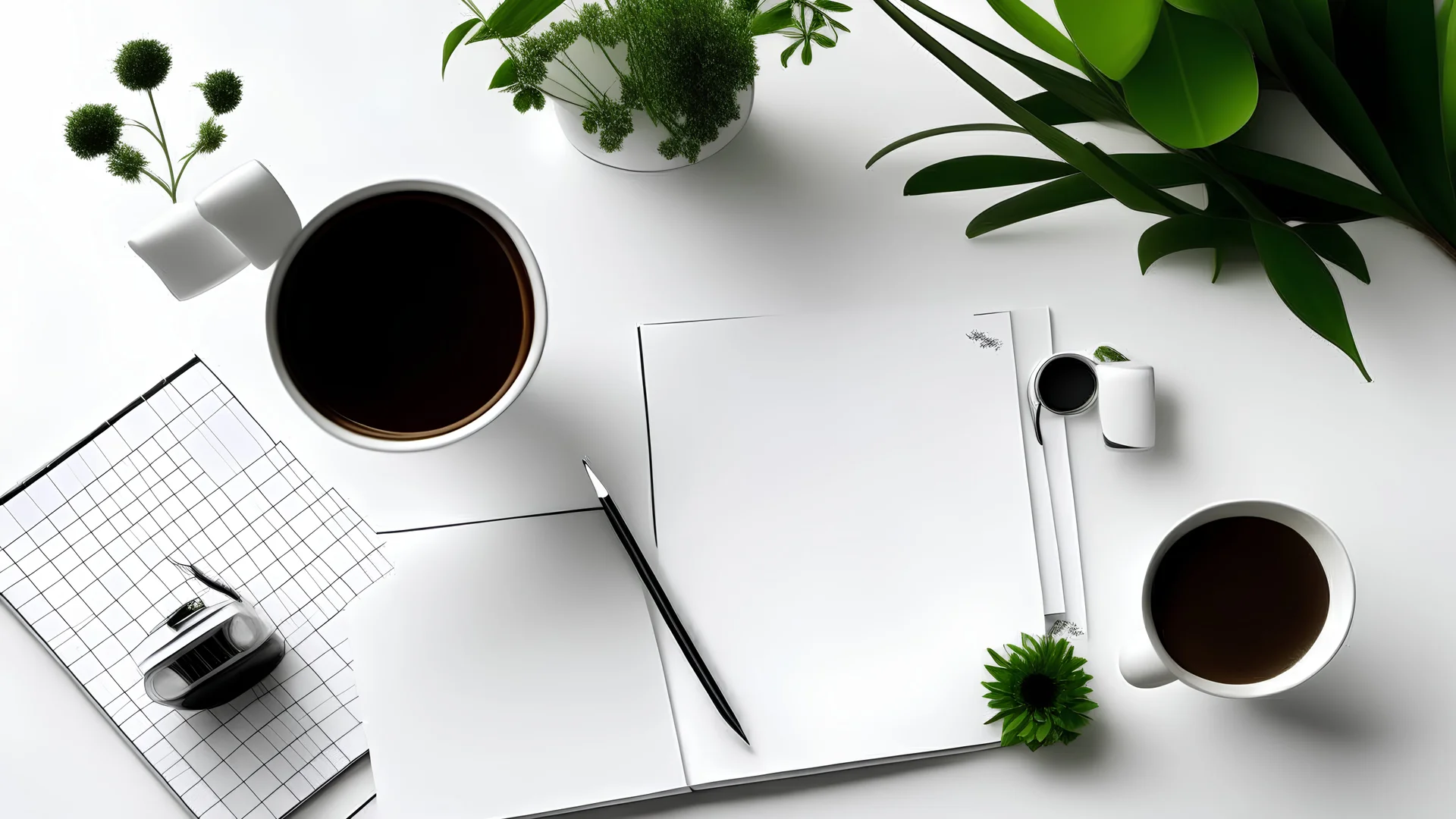 workplace, notebook with team call, cup of tea, backgroud white wall and green flower