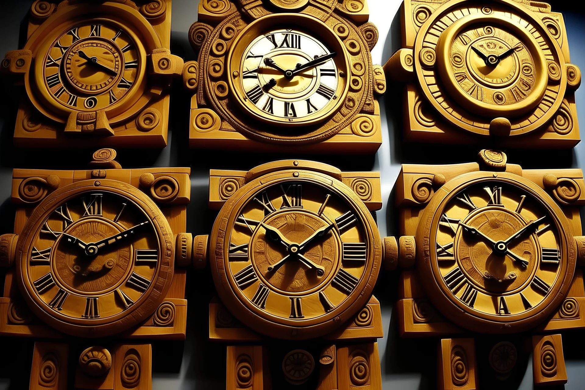 Image of clocks in the style of pre-columbian art.