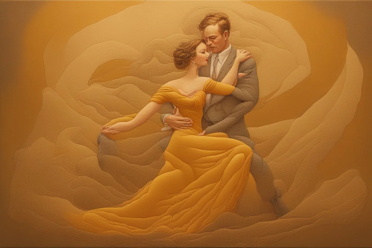 Hand sewn and embroidered double exposure, (((greg rutkowski))), caricature in ochre Polychromatic-Colors. (((intricate))). Stunningly beautiful couple of happy strong women dancing, all the head in the frame elegant soft diffused light intricate 8k oil on canvas sensuality very attractive wallpaper crisp quality whimsical, merged layers battery corrosion, copper patina