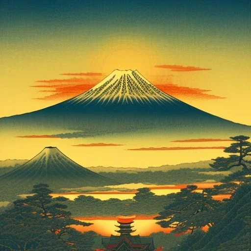 Ukiyo-e Style , mount fuji, sun set