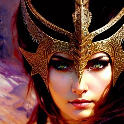 Drawing of beautiful face,'Busty Skyrim female warrior',skyrim dragon priest mask,intense stare, ancient metal armor, balanciaga fashion clothe painting by gaston bussiere, greg rutkowski, yoji shinkawa, yoshitaka amano, tsutomu nihei, donato giancola, tim hildebrandt, Oil on canvas, cinematic composition, extreme detail,fit full head inside picture,16k