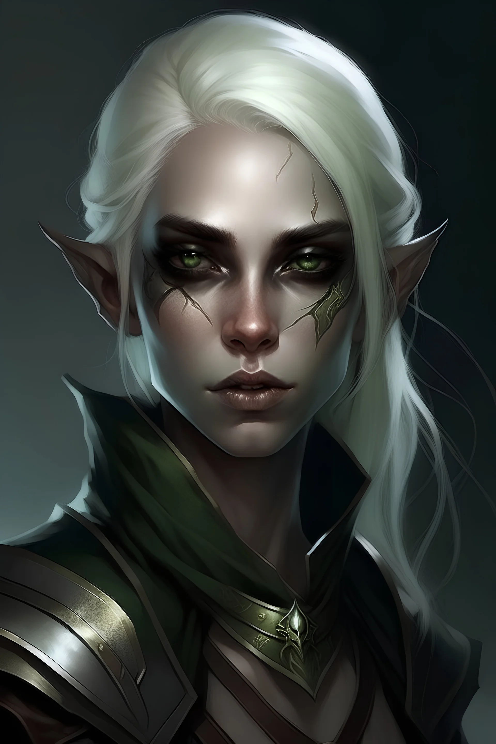 a beautiful female dark elf rogue with blonde hair, with fair skin and light green eyes with a scar over right eye