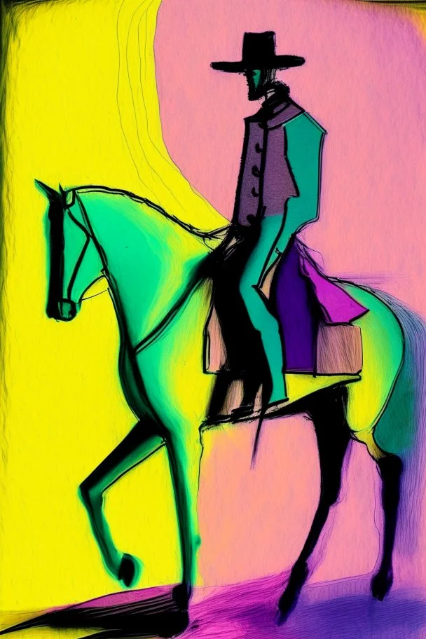 Man on horseback in the style of Paul Klee, Degas, pastel chalk with thin sketchy lines, vibrant colours, ink transfer